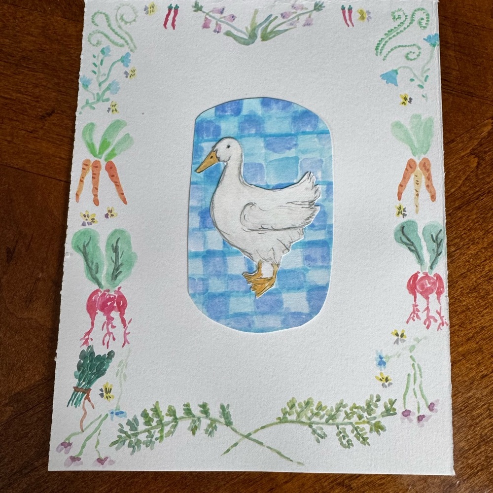 Hand-Painted Farm Duck Watercolor Artwork - Blue Check Background